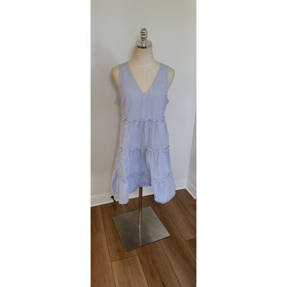 J. Crew Seersucker Ruffle Tiered Mini Dress Blue White Striped 6 Coastal Prairie - Picture 3 of 16